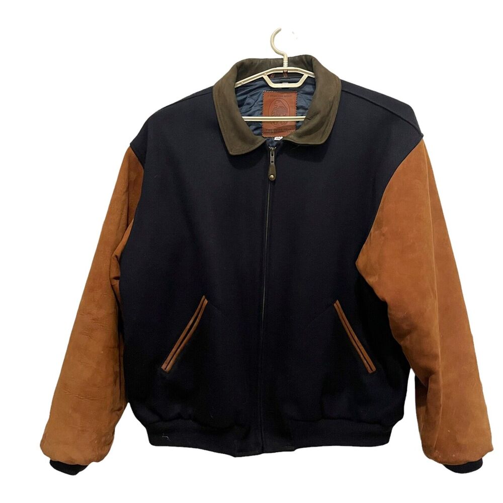 Vintage Men's Golden Bear Blue Wool Suede Varsity Bomber Jacket USA Made XXL